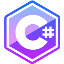 C# logo displayed within a hexagonal shape featuring a gradient of blue and purple colors, with a prominent letter 'C' and a hash symbol (#) integrated into the design.